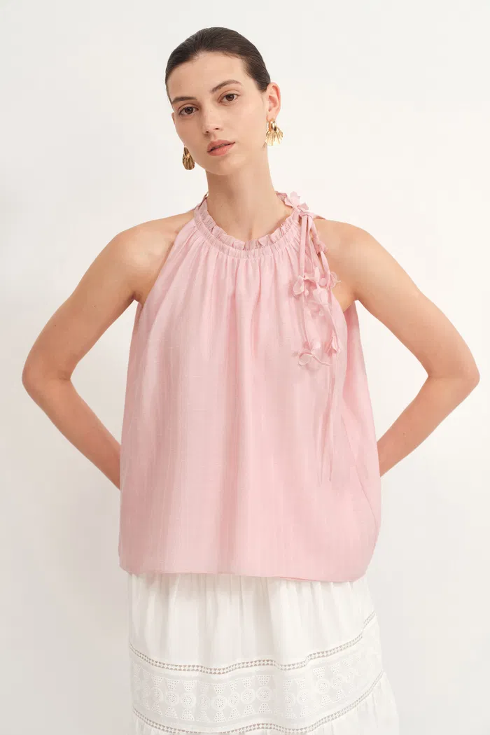 Joyce Hand Woven Flora Halter Neck Top in Acetate-Linen Blend - Image 2