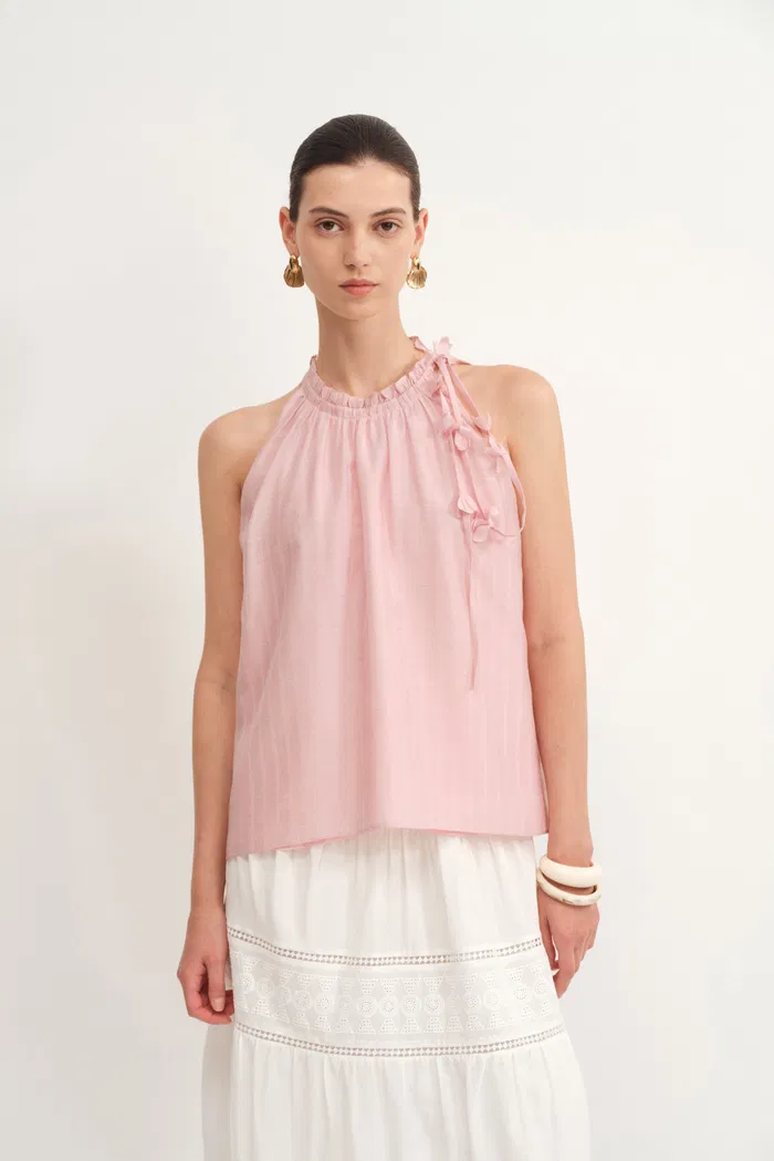 Joyce Hand Woven Flora Halter Neck Top in Acetate-Linen Blend - Image 4
