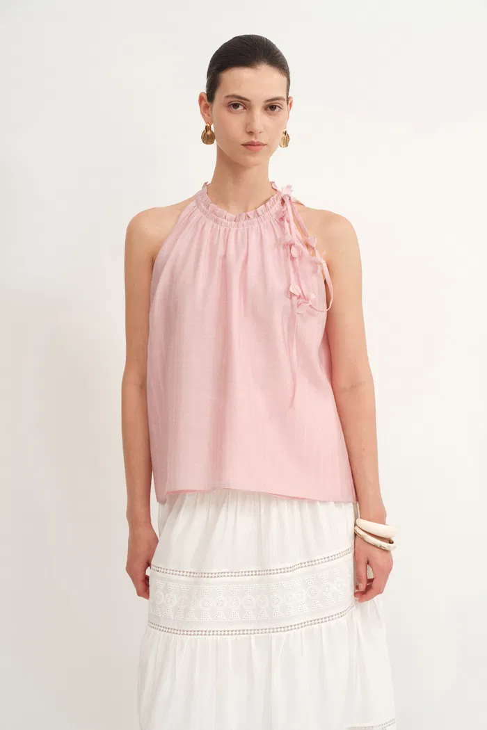Joyce Hand Woven Flora Halter Neck Top in Acetate-Linen Blend - Image 5
