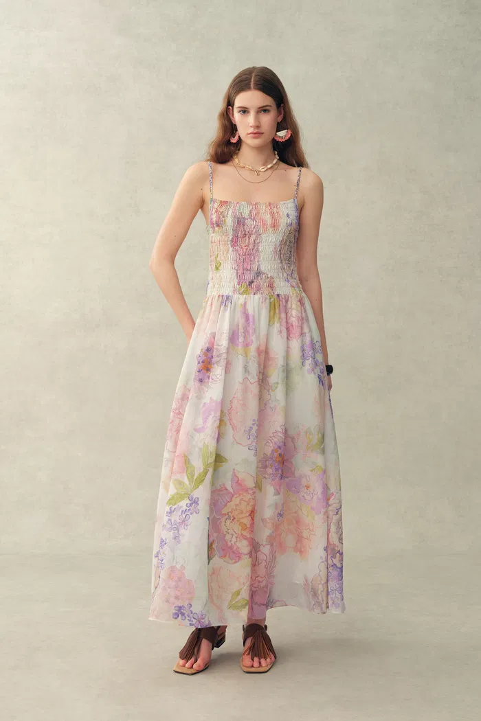 Juile Handworked Floral Prints Strap Dress in Silk Linen Blend - Image 2