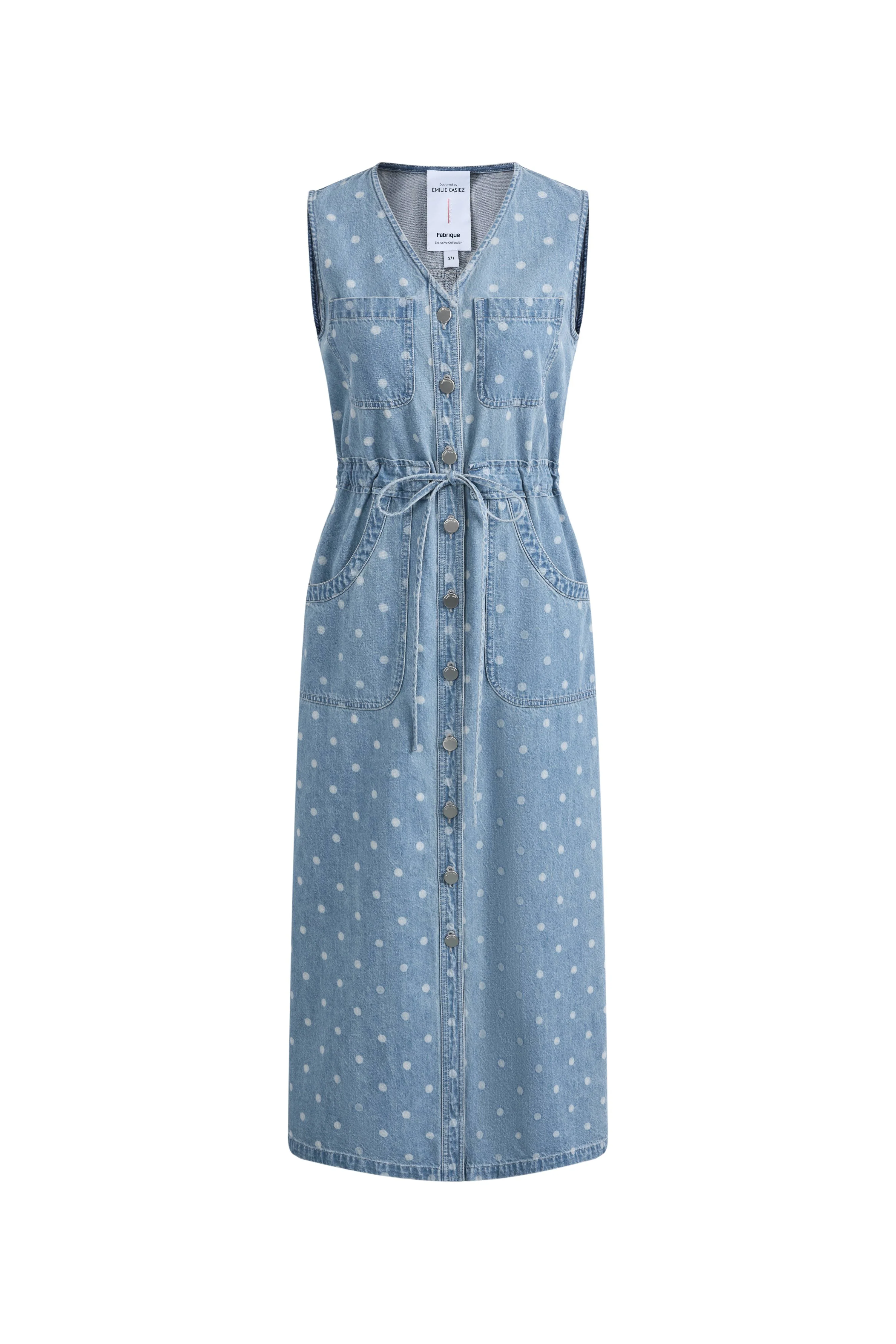 June Faded Polka-Dot Drawstring Waist Sleeveless Dress in Lightweight Cotton Denim - Image 6