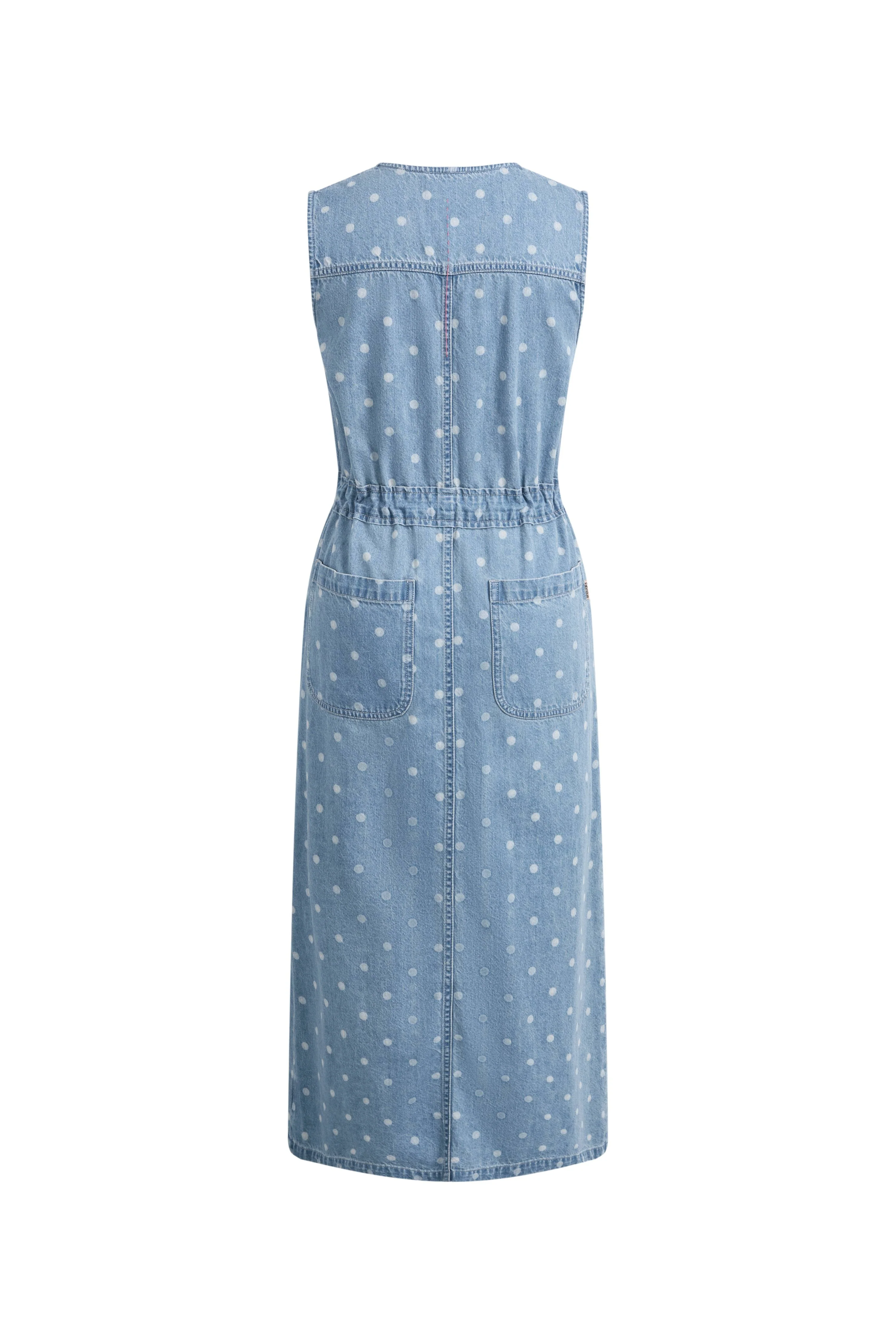June Faded Polka-Dot Drawstring Waist Sleeveless Dress in Lightweight Cotton Denim - Image 7