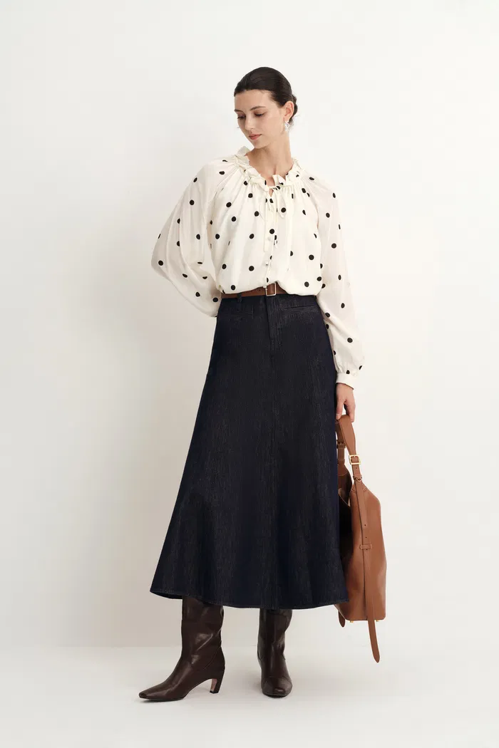 Kari Ruffle Neckline Polka Dot Blouse in Silk Satin