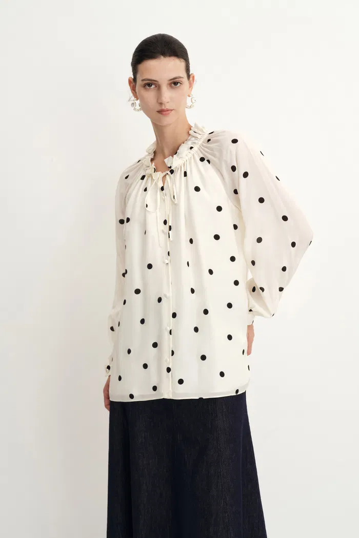 Kari Ruffle Neckline Polka Dot Blouse in Silk Satin - Image 4
