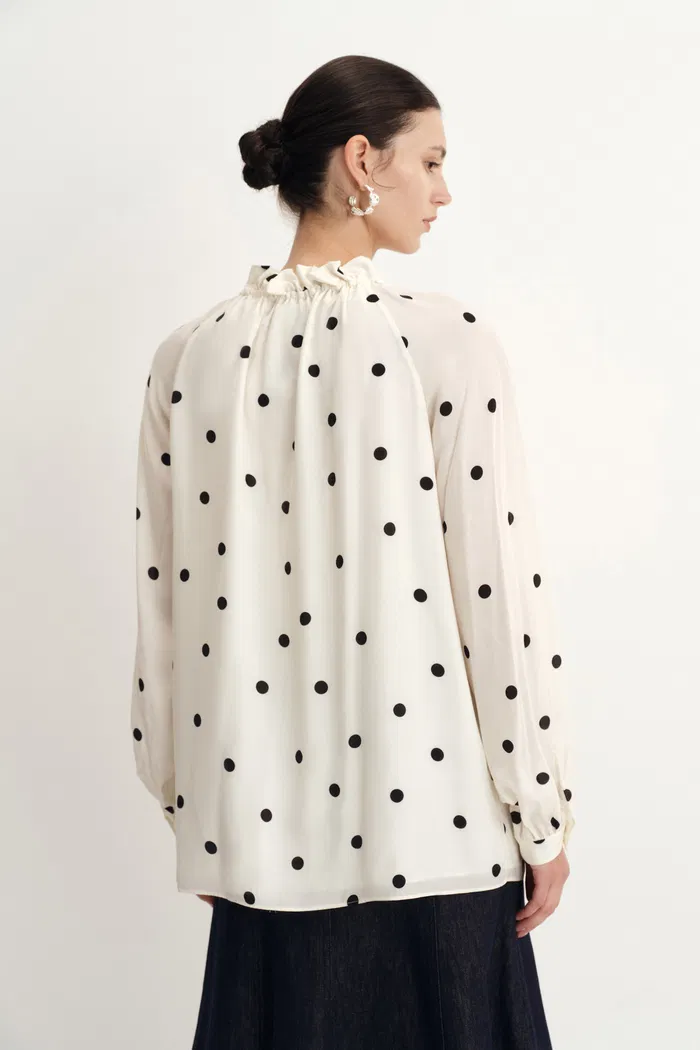 Kari Ruffle Neckline Polka Dot Blouse in Silk Satin - Image 5