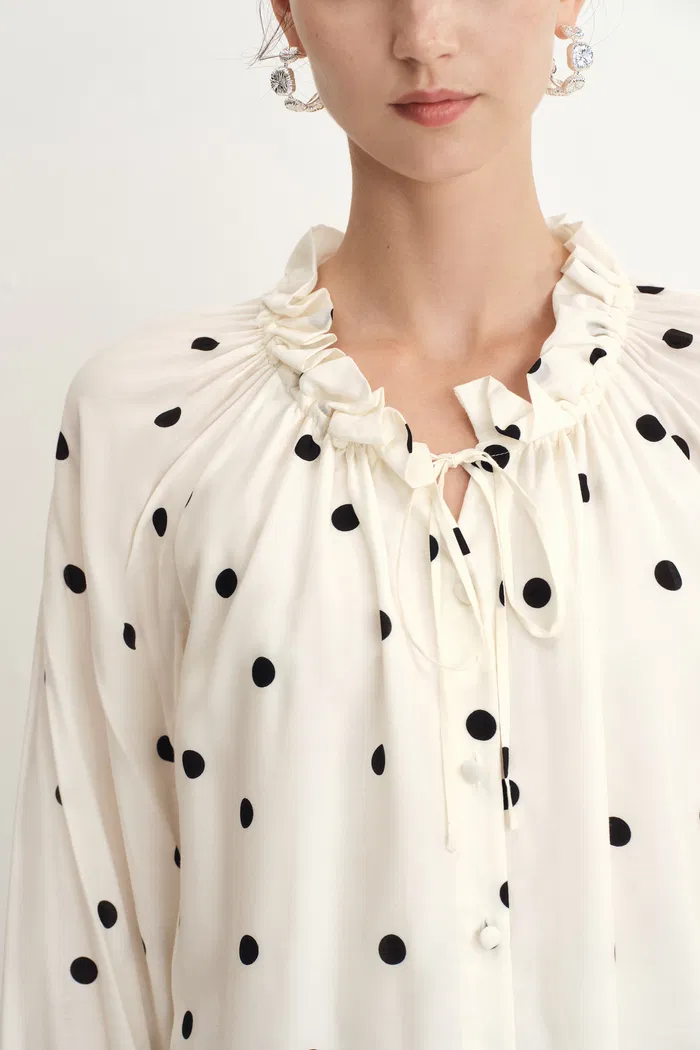 Kari Ruffle Neckline Polka Dot Blouse in Silk Satin - Image 6