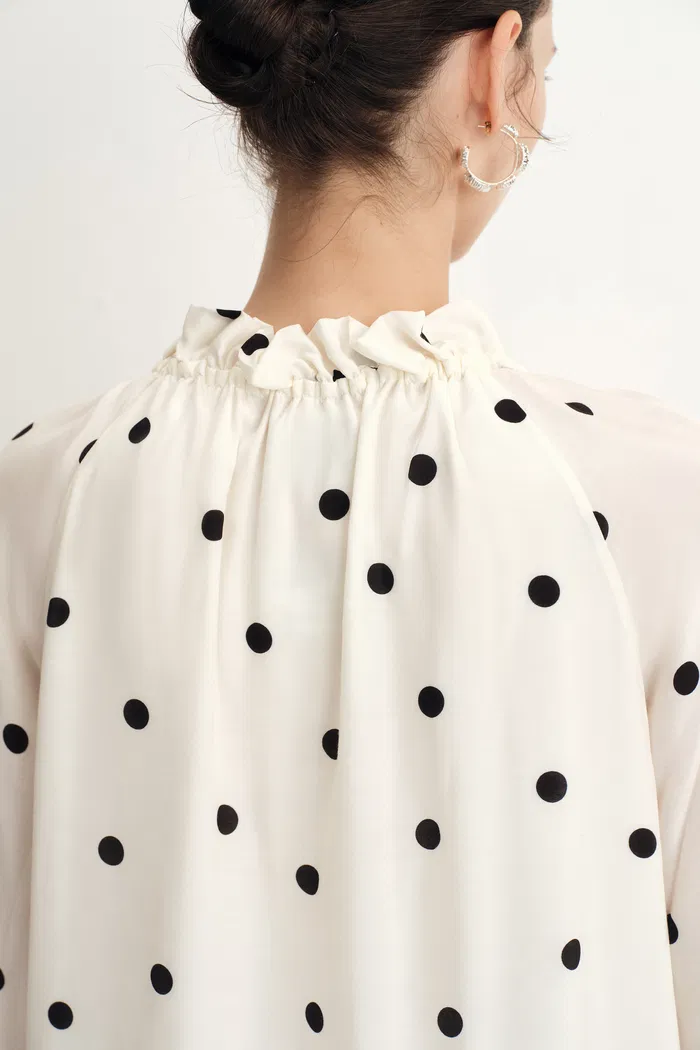 Kari Ruffle Neckline Polka Dot Blouse in Silk Satin - Image 7