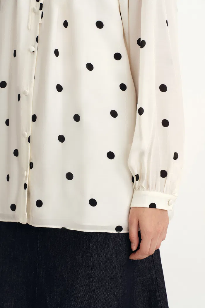 Kari Ruffle Neckline Polka Dot Blouse in Silk Satin - Image 8