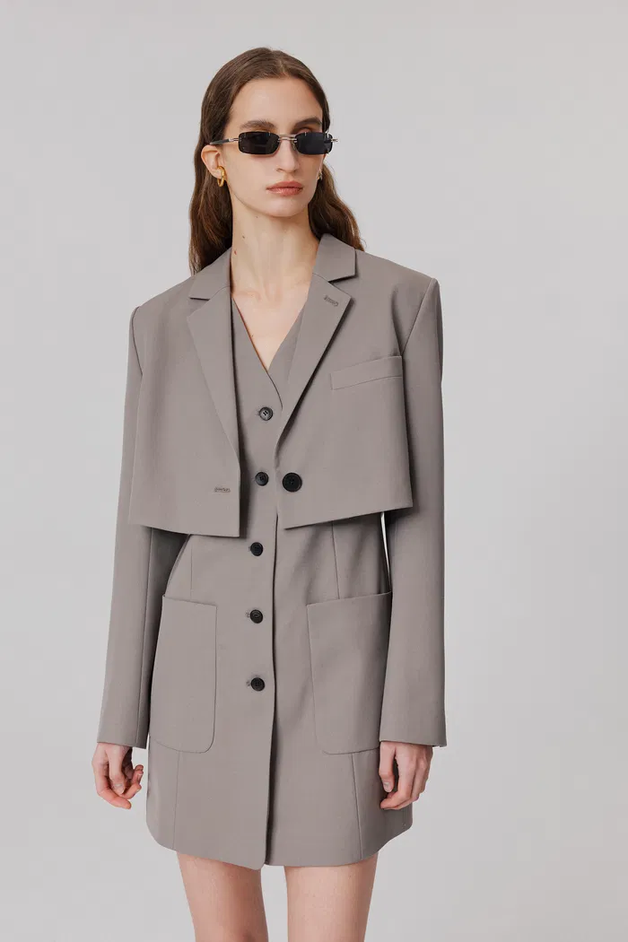 Karlie Cropped Blazer and Vest Dress Set in Wool Blend Twill - Image 2