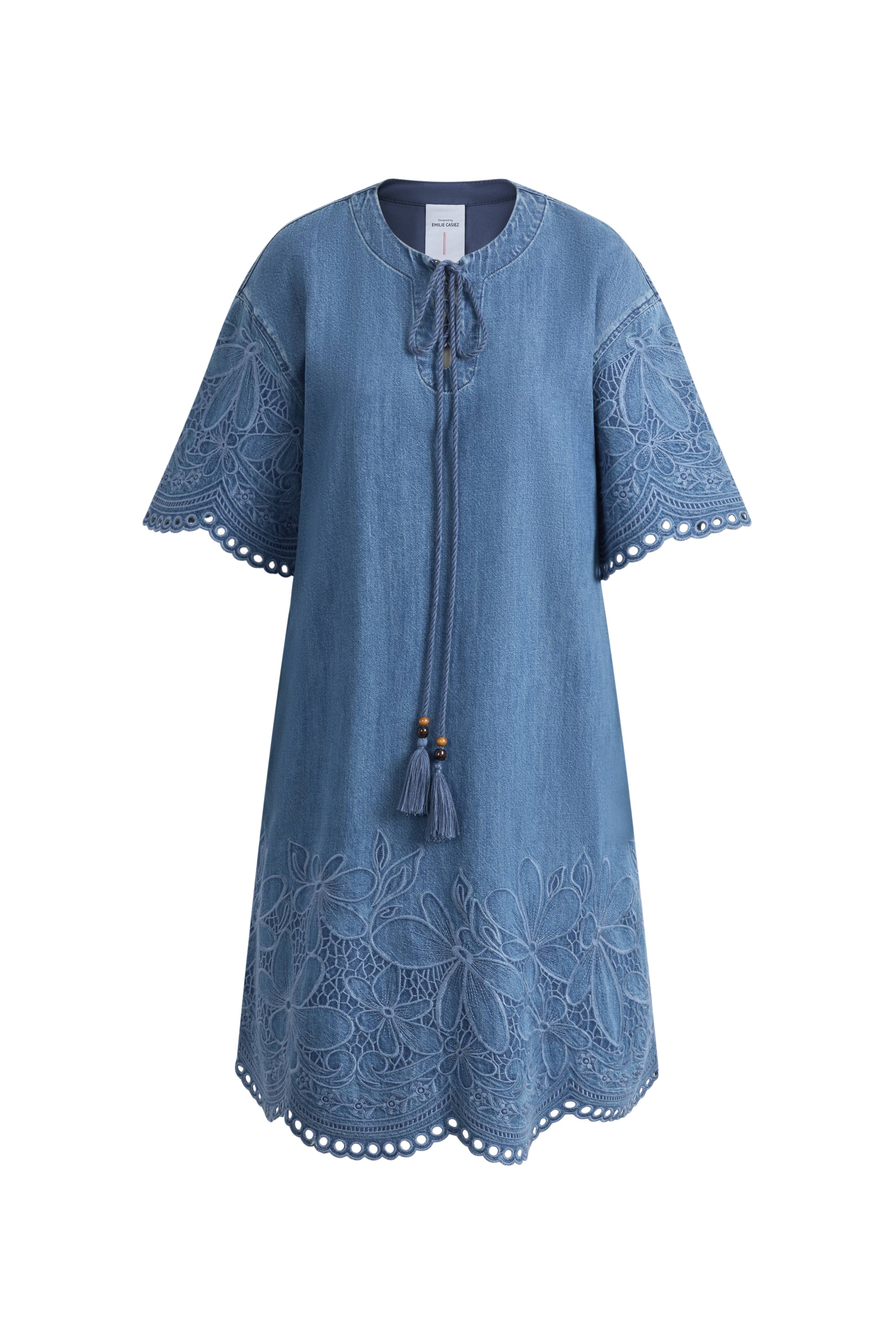 Kate Floral Lace Embroidery Short Dress in Lightweight Tencel-Cotton Denim - Image 7