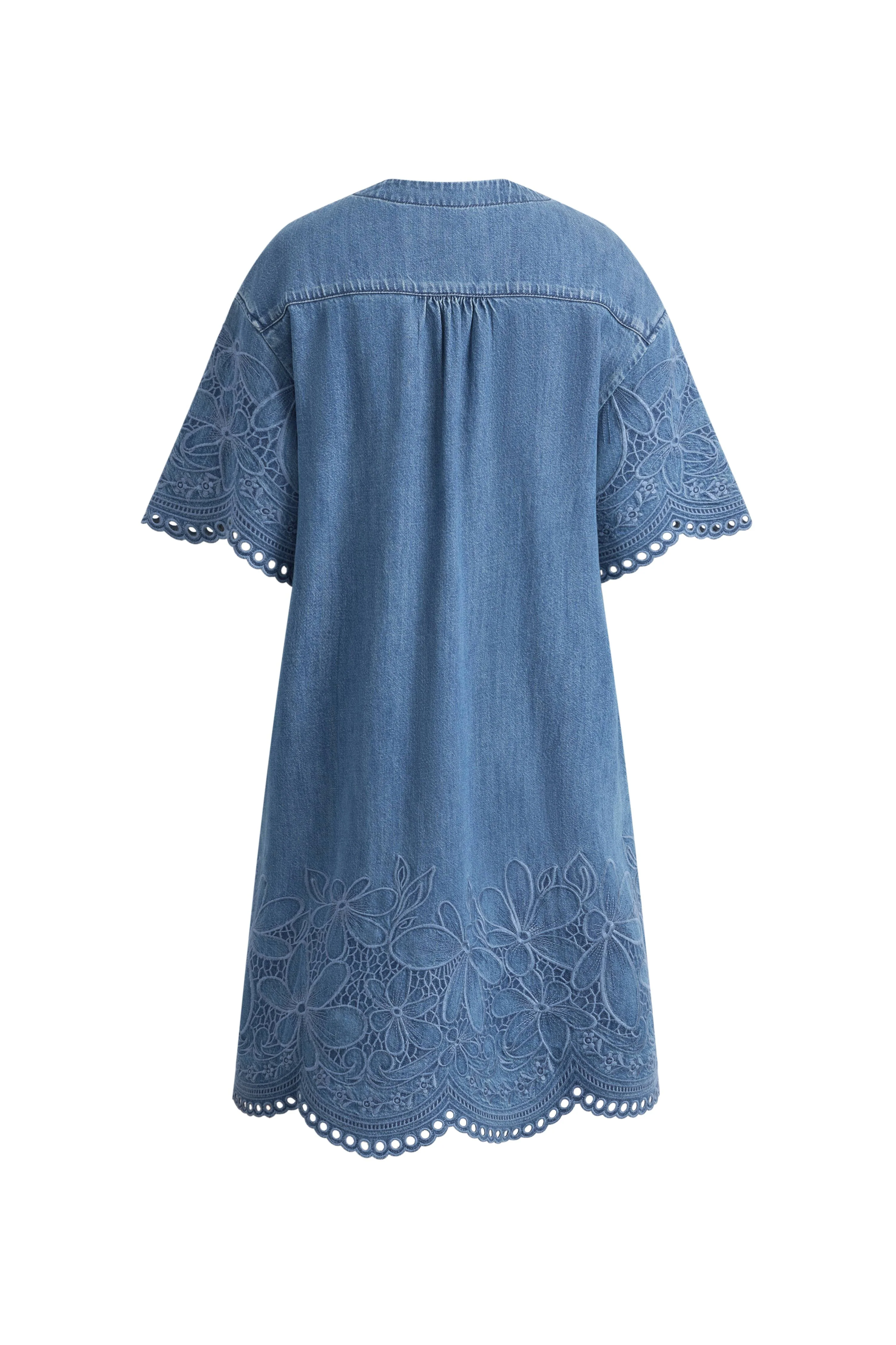 Kate Floral Lace Embroidery Short Dress in Lightweight Tencel-Cotton Denim - Image 8