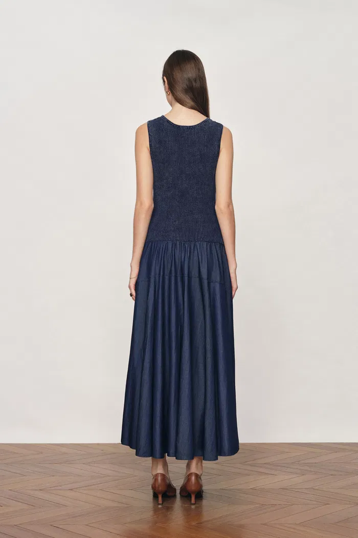 Keira Sleeveless Panel Dress in Cotton Knit with Tencel Denim - Image 2