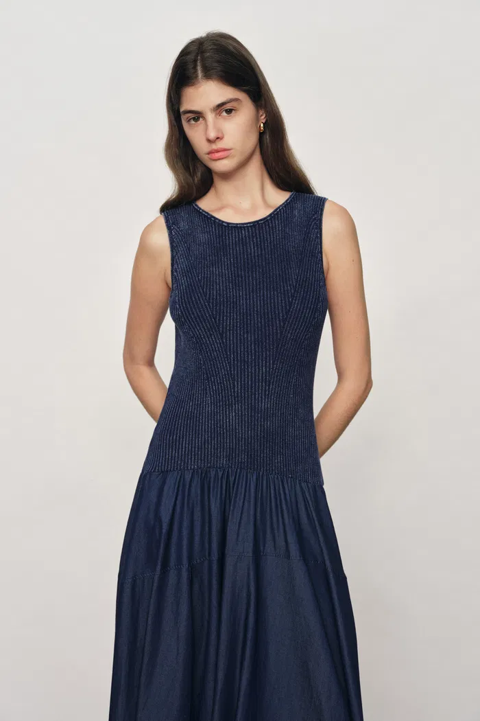 Keira Sleeveless Panel Dress in Cotton Knit with Tencel Denim - Image 3