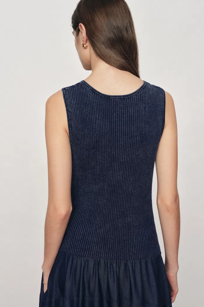 Keira Sleeveless Panel Dress in Cotton Knit with Tencel Denim - Image 4