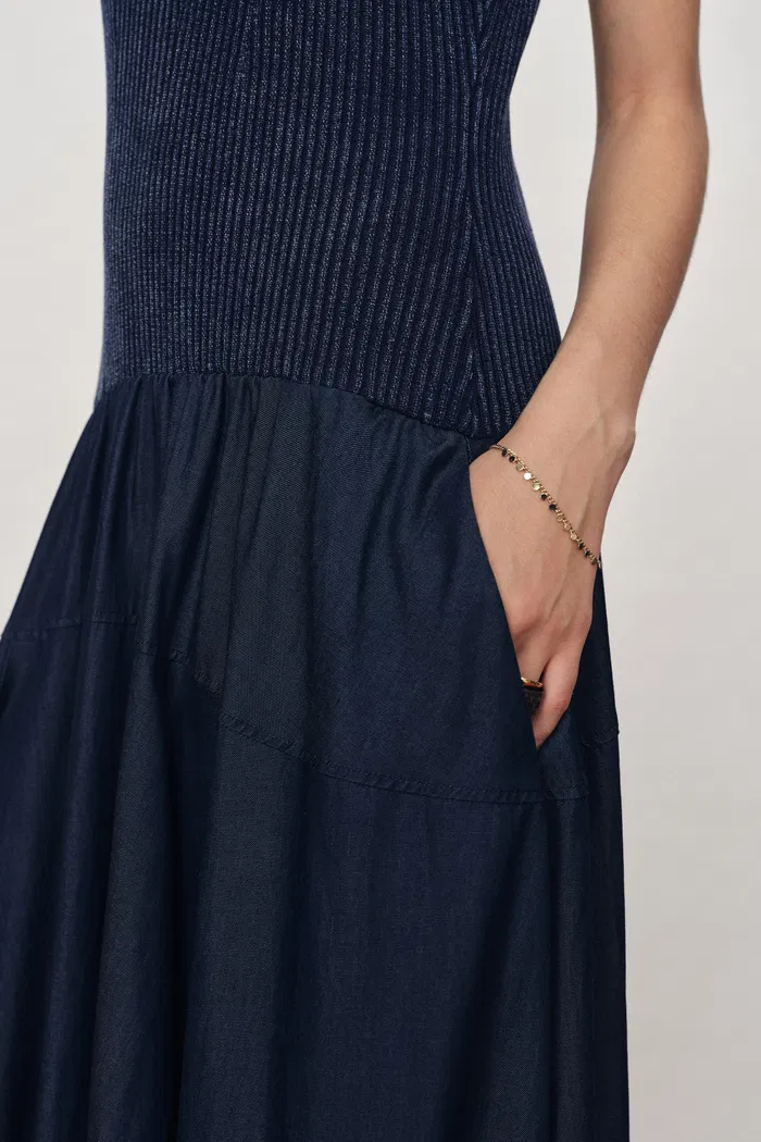 Keira Sleeveless Panel Dress in Cotton Knit with Tencel Denim - Image 5