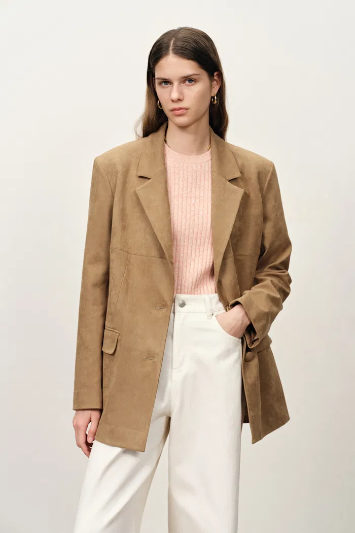 Kendall Straight Notched Lapel Blazer in Faux Suede - Image 2
