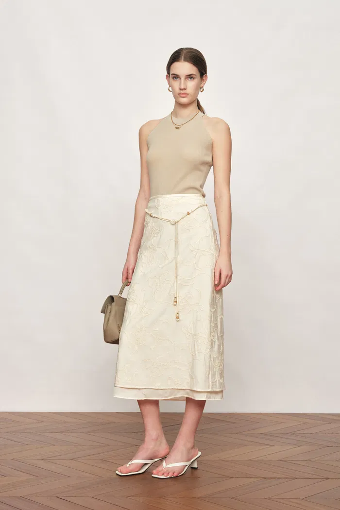 Korin Koi Embroidered Tie-Waist Skirt in Cotton and Wool - Image 2