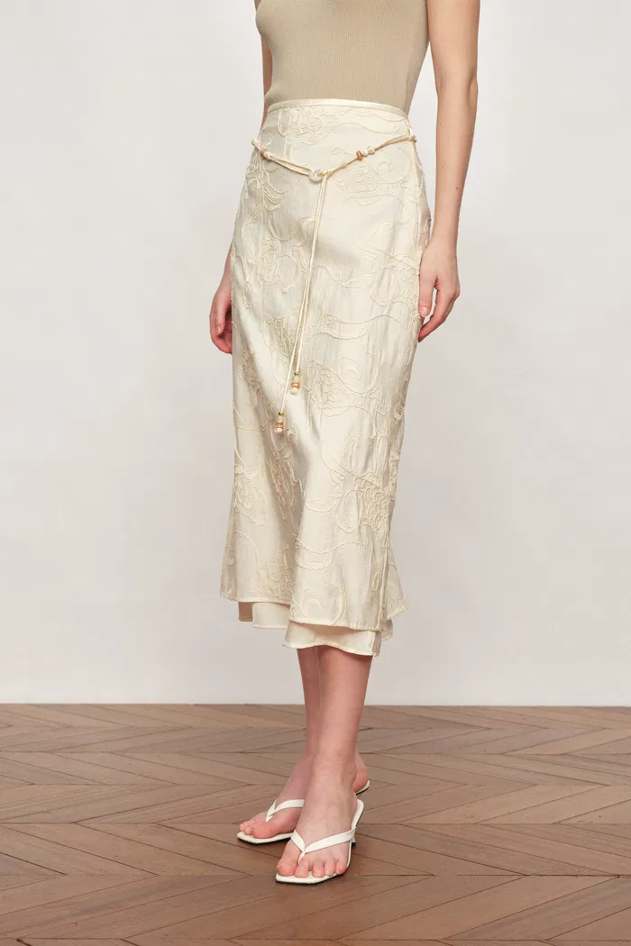Korin Koi Embroidered Tie-Waist Skirt in Cotton and Wool - Image 3