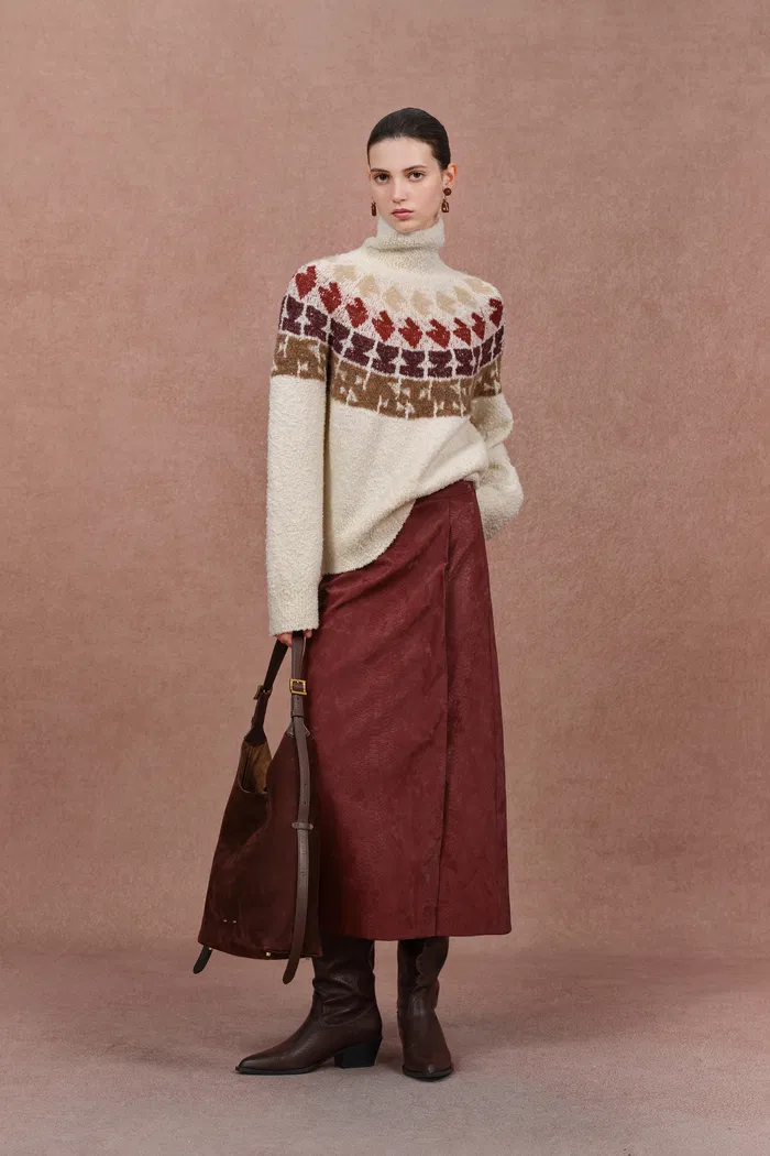 Krasner Hand Drawn Fair Isle Motif High Neck Sweater in Merino Wool - Image 5