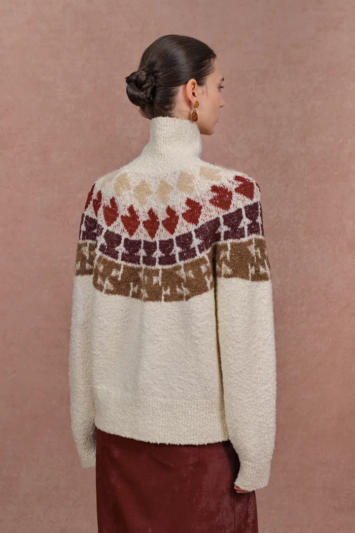 Krasner Hand Drawn Fair Isle Motif High Neck Sweater in Merino Wool - Image 7
