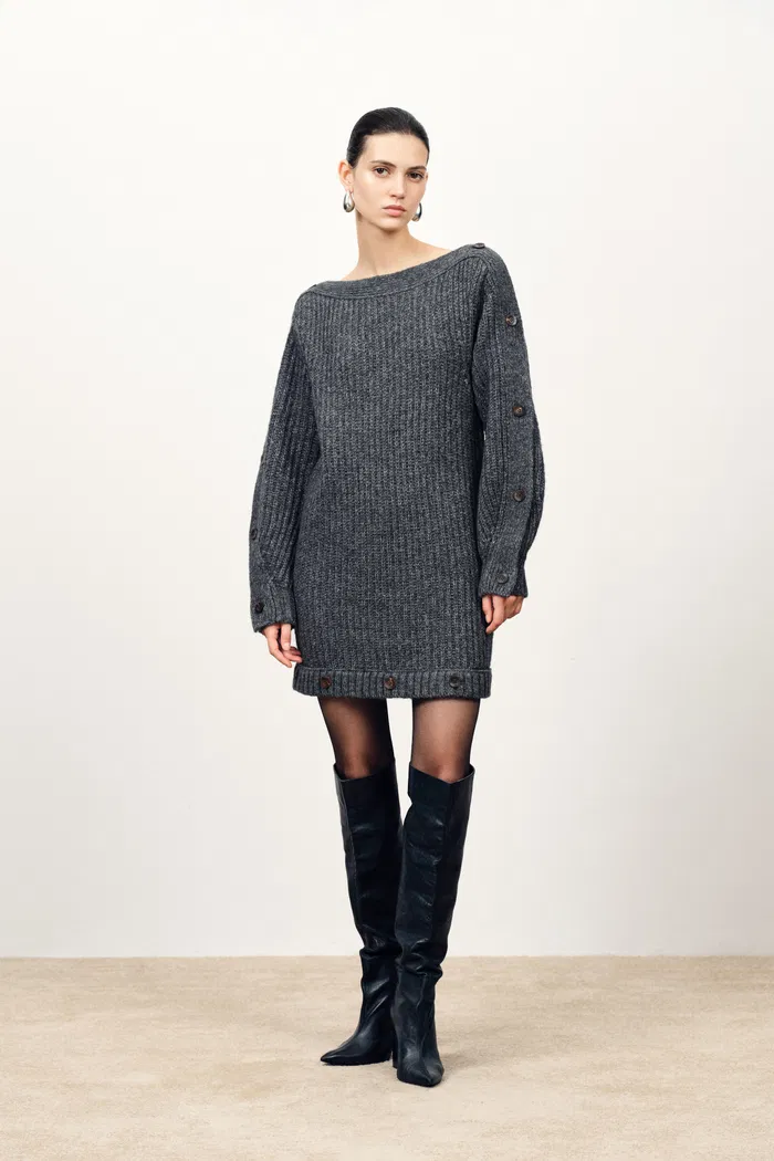 Kylie Adjustable Off Shoulder Dress in Coarse-Spun Merino Wool Knit