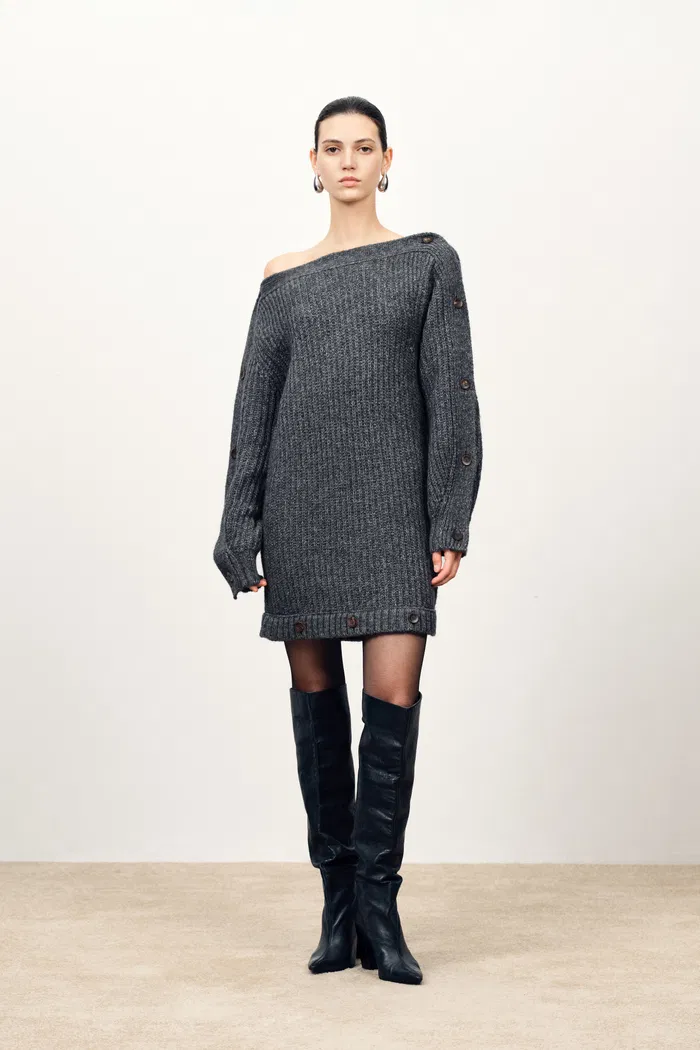 Kylie Adjustable Off Shoulder Dress in Coarse-Spun Merino Wool Knit - Image 2