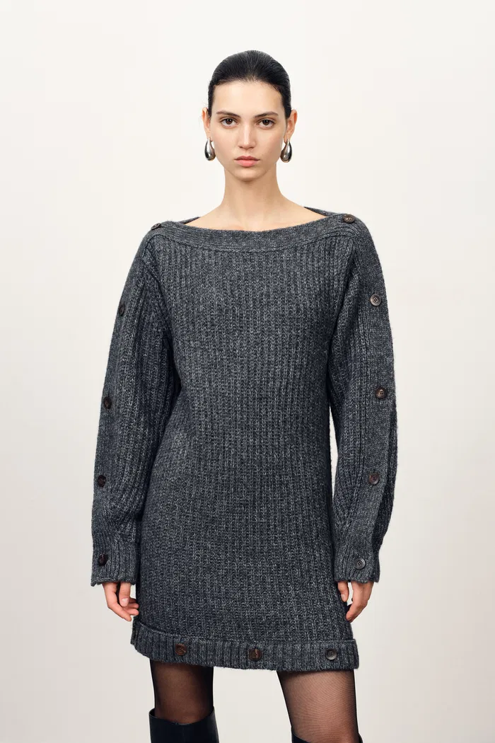 Kylie Adjustable Off Shoulder Dress in Coarse-Spun Merino Wool Knit - Image 3