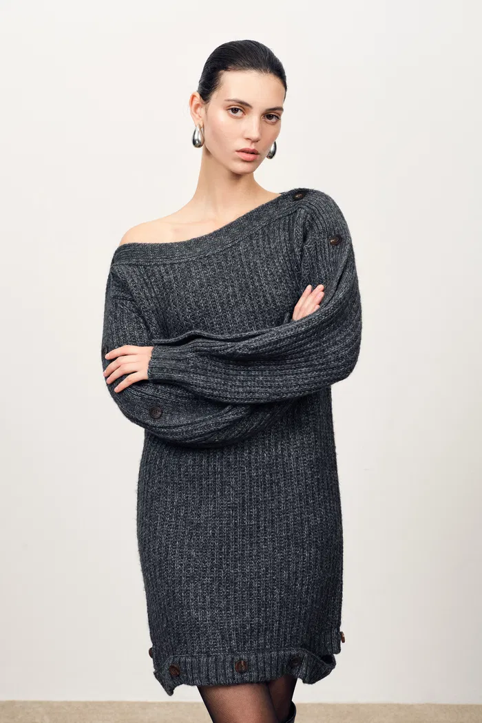 Kylie Adjustable Off Shoulder Dress in Coarse-Spun Merino Wool Knit - Image 4