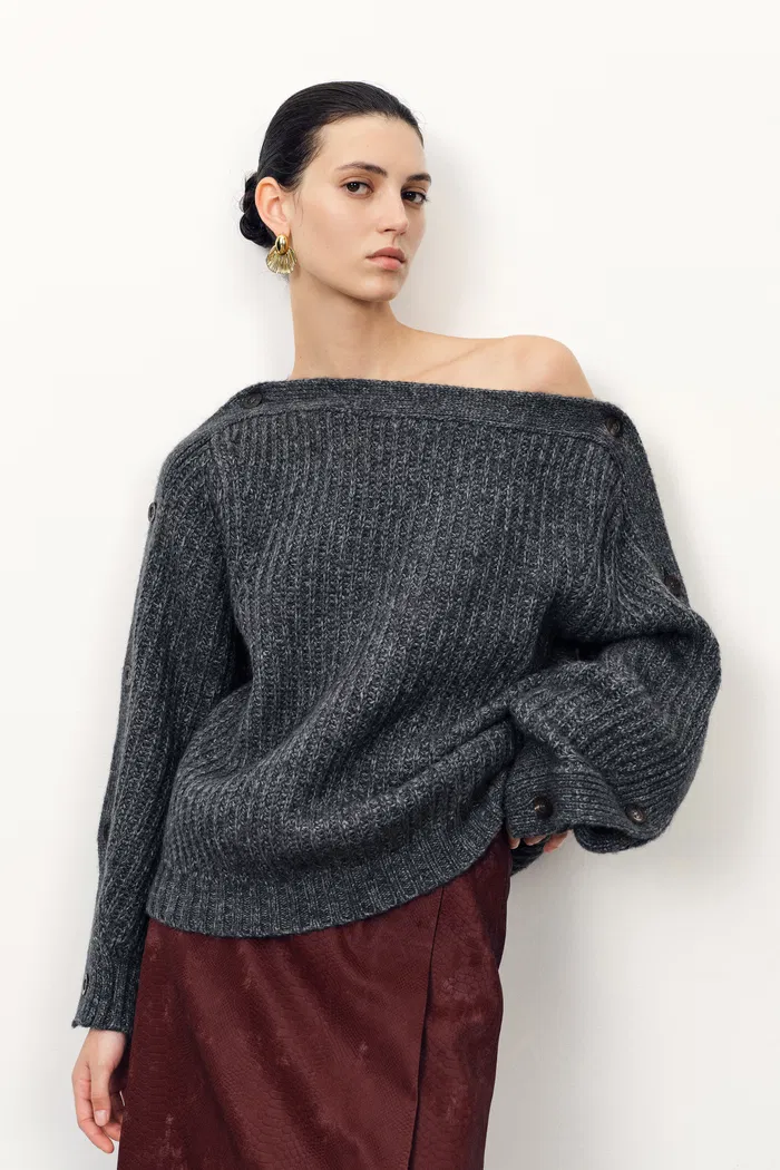 Kylie Off-Shoulder Button Detail in Coarse-Spun Merino Wool Knit - Image 2