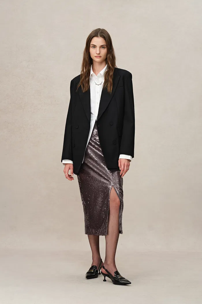 Layering Slit Midi Skirt in Shimmering Mermaid Sequins - Image 2