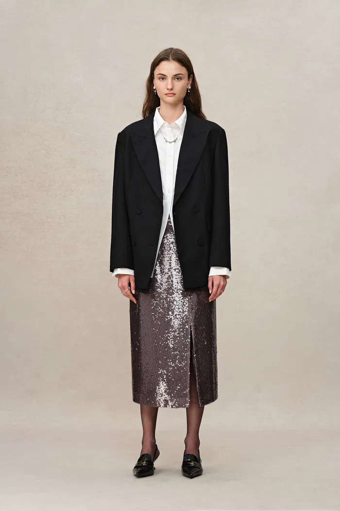 Layering Slit Midi Skirt in Shimmering Mermaid Sequins - Image 3