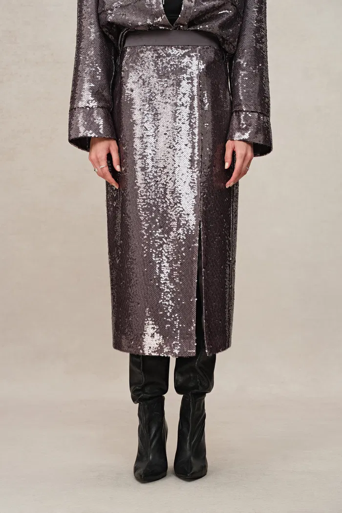 Layering Slit Midi Skirt in Shimmering Mermaid Sequins - Image 7