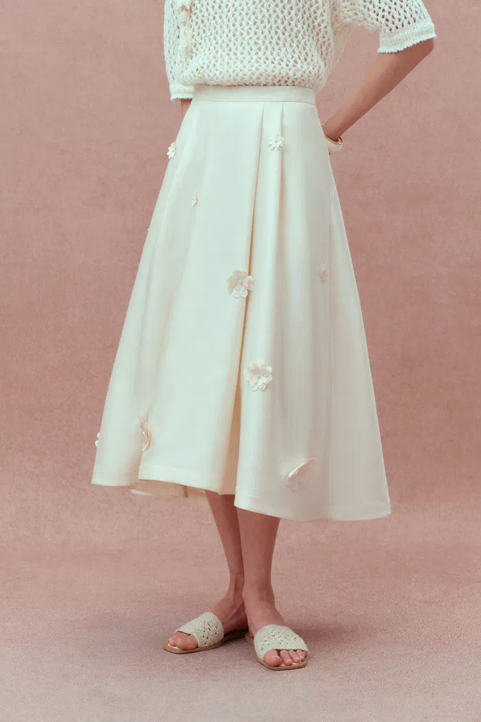 Lea Handcrafted 3D Floral Skirt in Silk-Wool Satin - Image 5