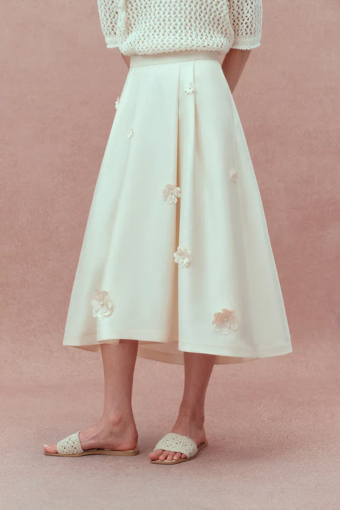 Lea Handcrafted 3D Floral Skirt in Silk-Wool Satin - Image 6