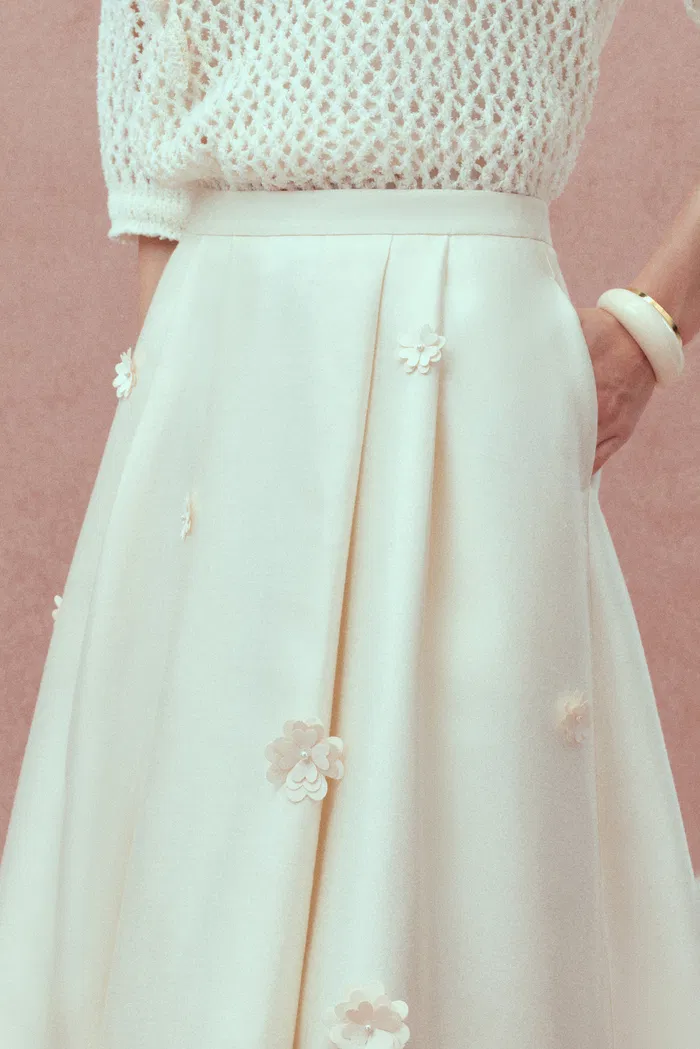 Lea Handcrafted 3D Floral Skirt in Silk-Wool Satin - Image 8