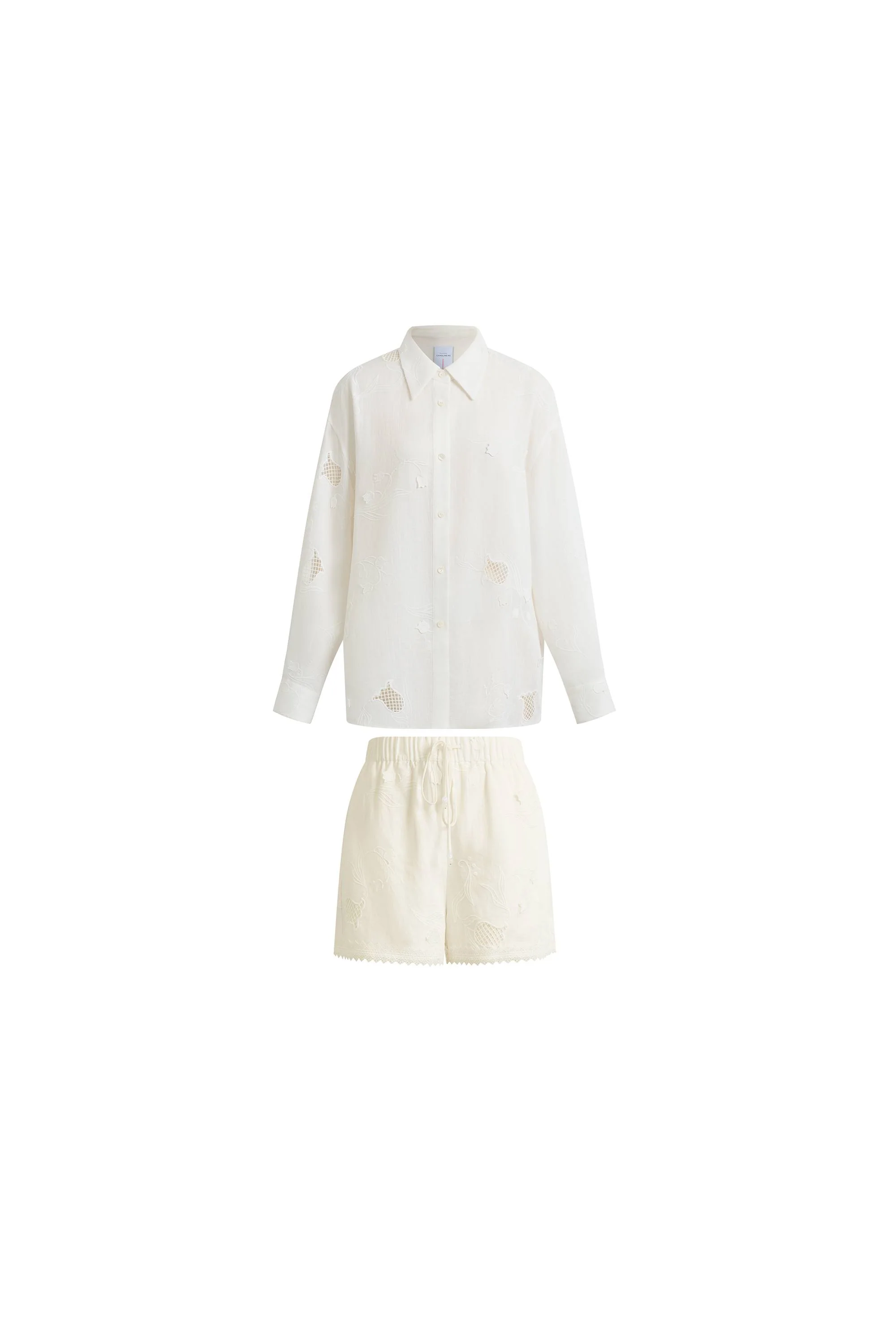 Leona Lily of the Valley Mesh Embroidery Shirt and Shorts Matching Set in Linen - Image 8