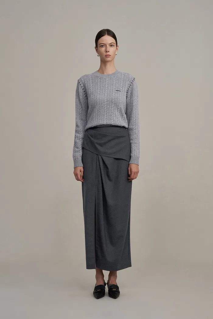 Leona Pleated High Slit Midi Skirt in Fine Worsted Wool - Image 2