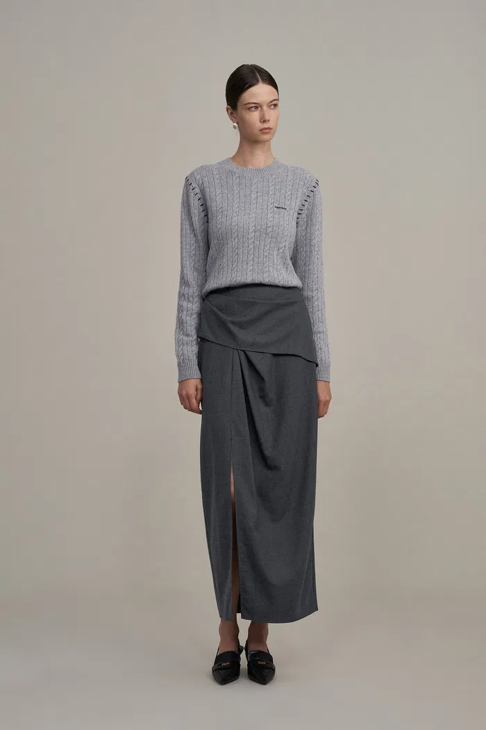 Leona Pleated High Slit Midi Skirt in Fine Worsted Wool - Image 3