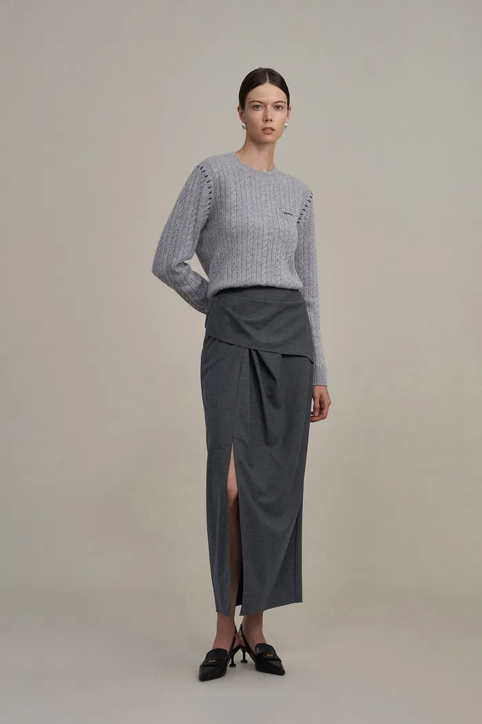 Leona Pleated High Slit Midi Skirt in Fine Worsted Wool - Image 4