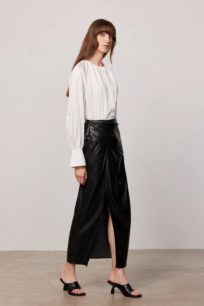 Leona Pleated Slit Skirt in Vegan Leather - Image 3