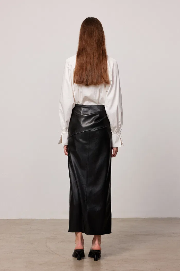 Leona Pleated Slit Skirt in Vegan Leather - Image 4