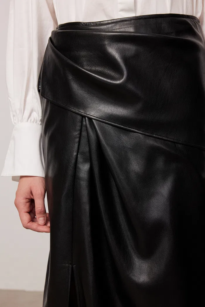 Leona Pleated Slit Skirt in Vegan Leather - Image 7