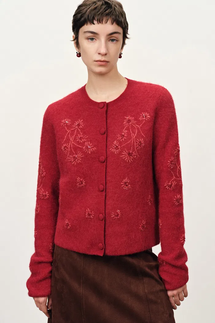 Letitia Hand Crocheted  Beaded Floral Cardigan in Wool Alpaca Blend Knit - Image 4