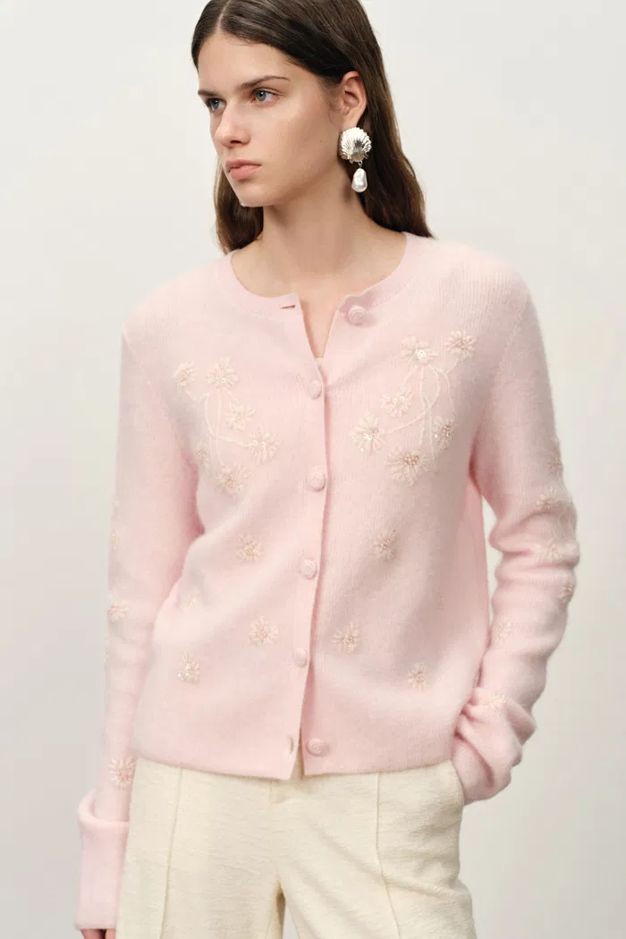 Letitia Hand Embroidered Floral Cardigan in Wool Alpaca Knit - Image 2