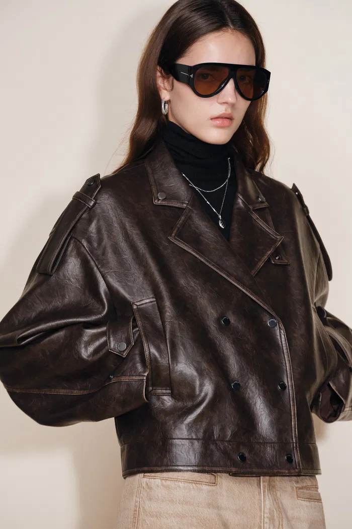 Levante Brushed Faux Leather Crop Biker Jacket in Faux leather - Image 4