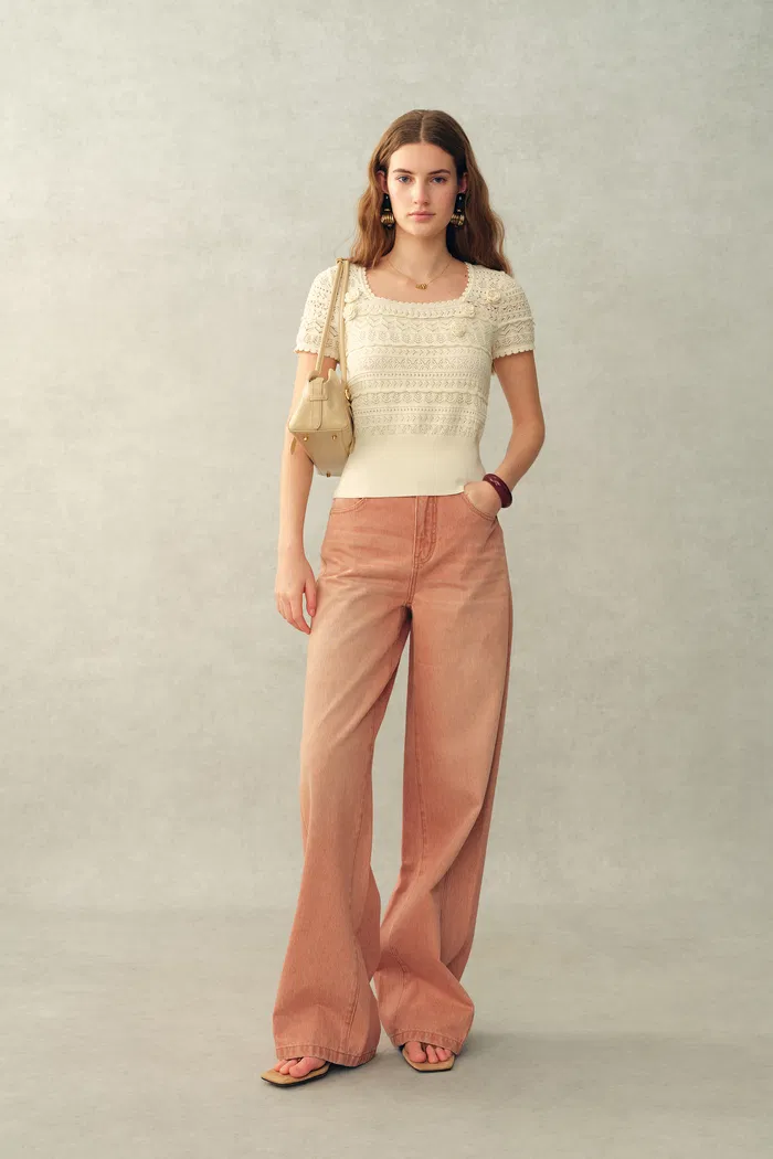 Leyla 3D Floral Square-Neck Top in Cotton Denim Knit