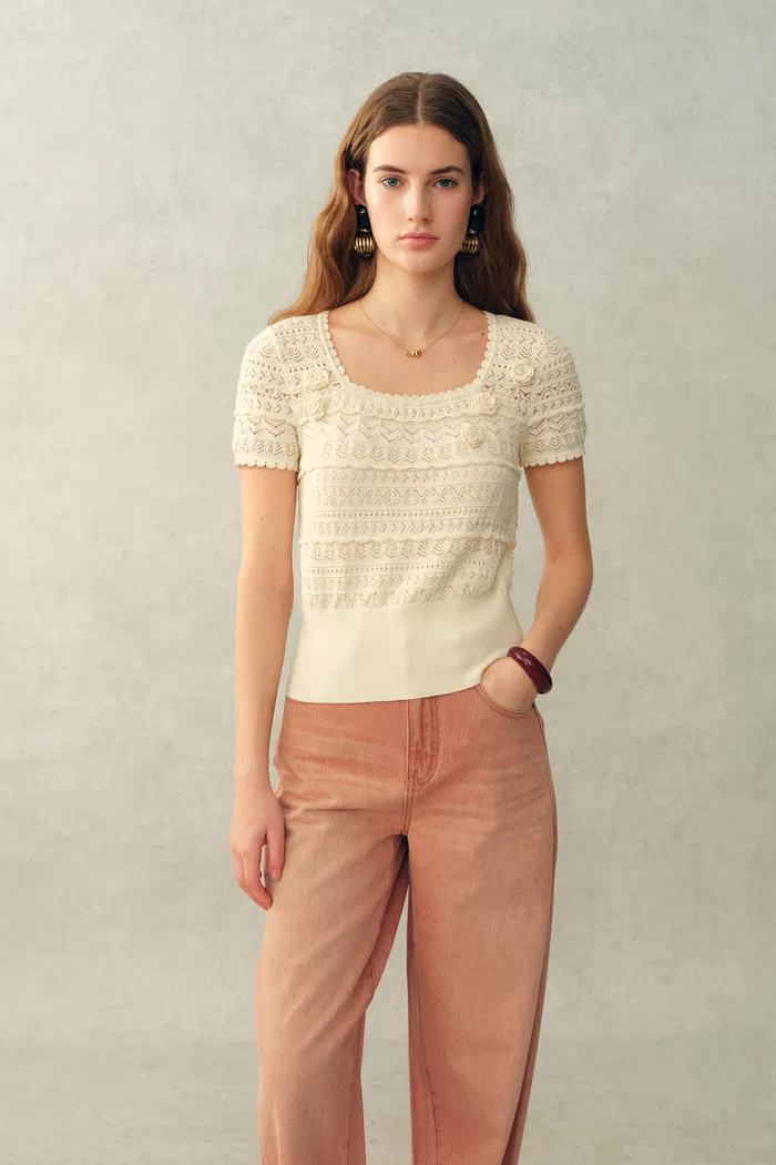 Leyla 3D Floral Square-Neck Top in Cotton Denim Knit - Image 2