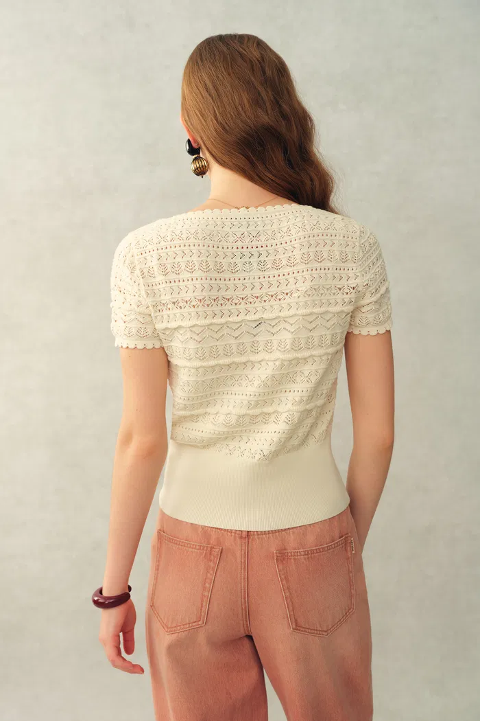 Leyla 3D Floral Square-Neck Top in Cotton Denim Knit - Image 3