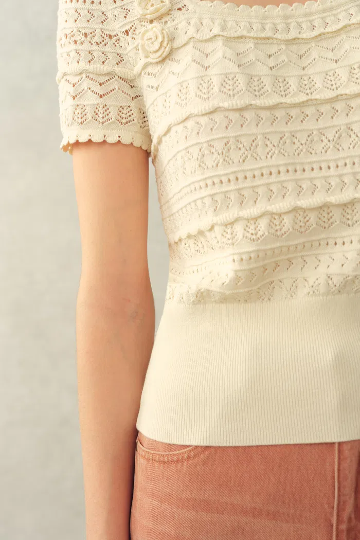 Leyla 3D Floral Square-Neck Top in Cotton Denim Knit - Image 5