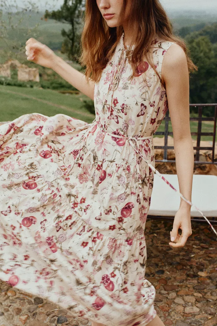 Liana Printed Pomegranate Floral Tiered Dress in Linen Blend - Image 3